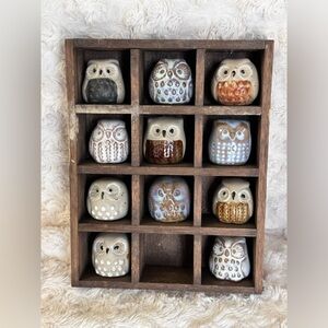 Ensom Glazed Mexican Pottery Mini Clay Owl Figurine Set Shadow Box 1970 Wall Art
